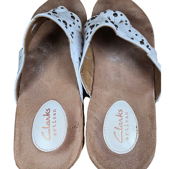 Clarks Artisan Sandals Palima Palm Laser Cut Thong Cork Wedge White Womens Sz 8 - Picture 9 of 10